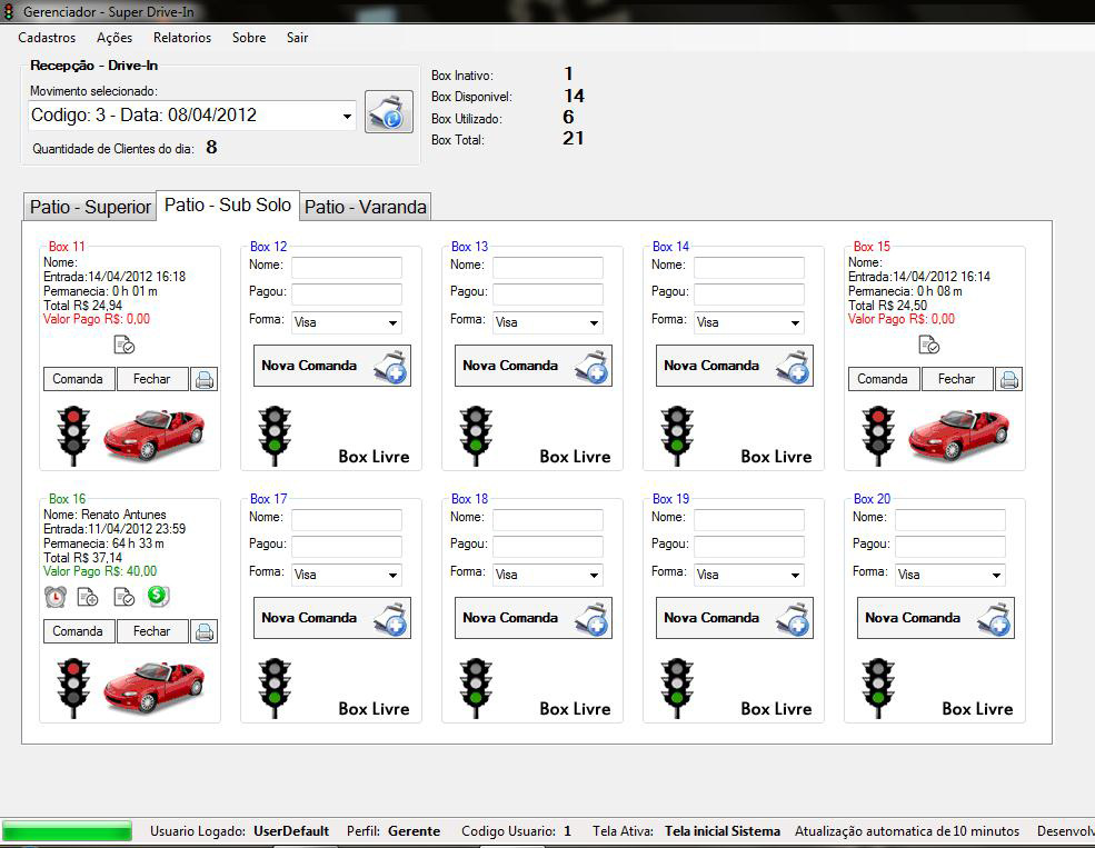 ProjectNet Manager - tela inicial para drive-in